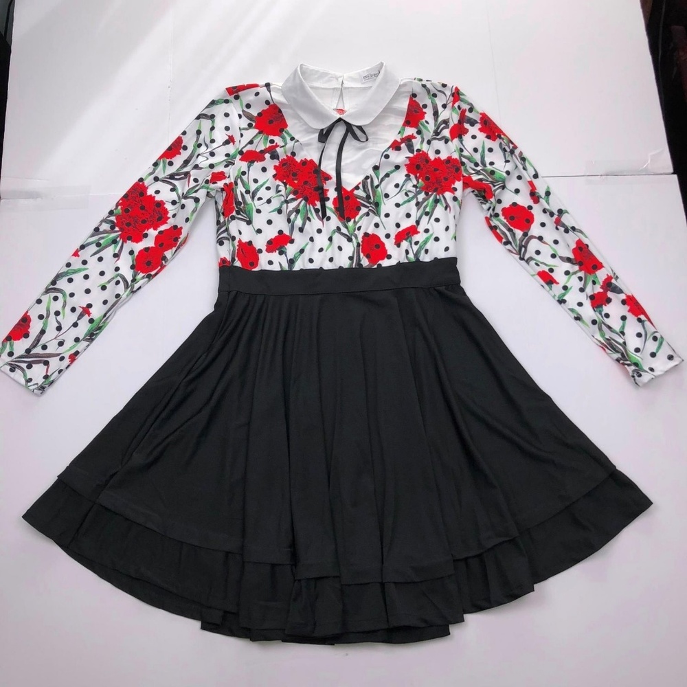 Meaneor Siz XL Red White Black Floral A Line Dress